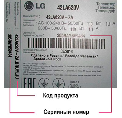 обозначение кода и серийного номера телевизора LG на этикетке