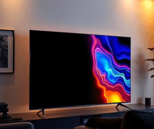 Сложный OLED-телевизор с яркими цветами и глубокими черными оттенками в стильной гостиной 